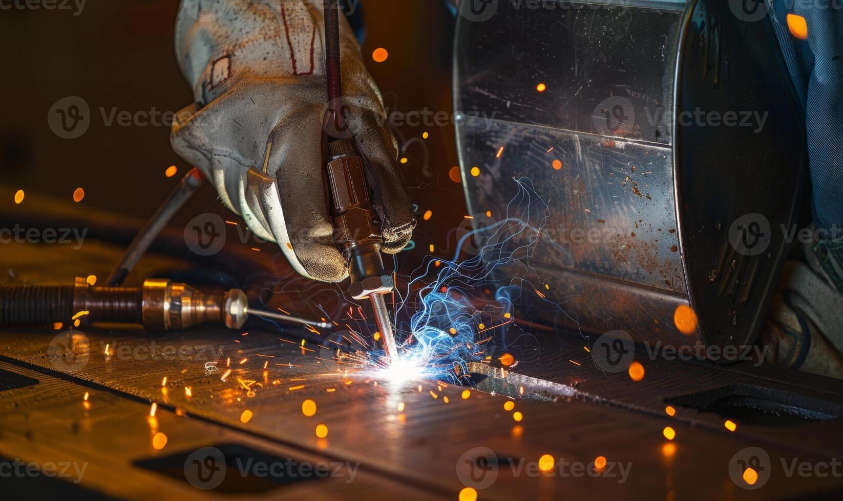 A close-up of a welder's hands and tools in action, sparks flying photo