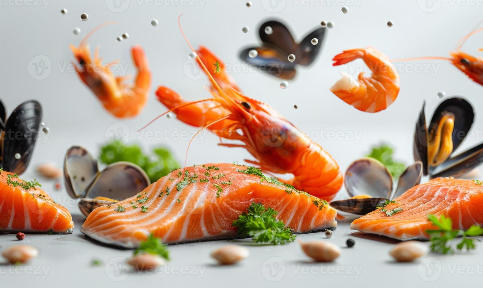 Various seafood items like shrimp, salmon, and mussels floating in mid-air with a white background photo