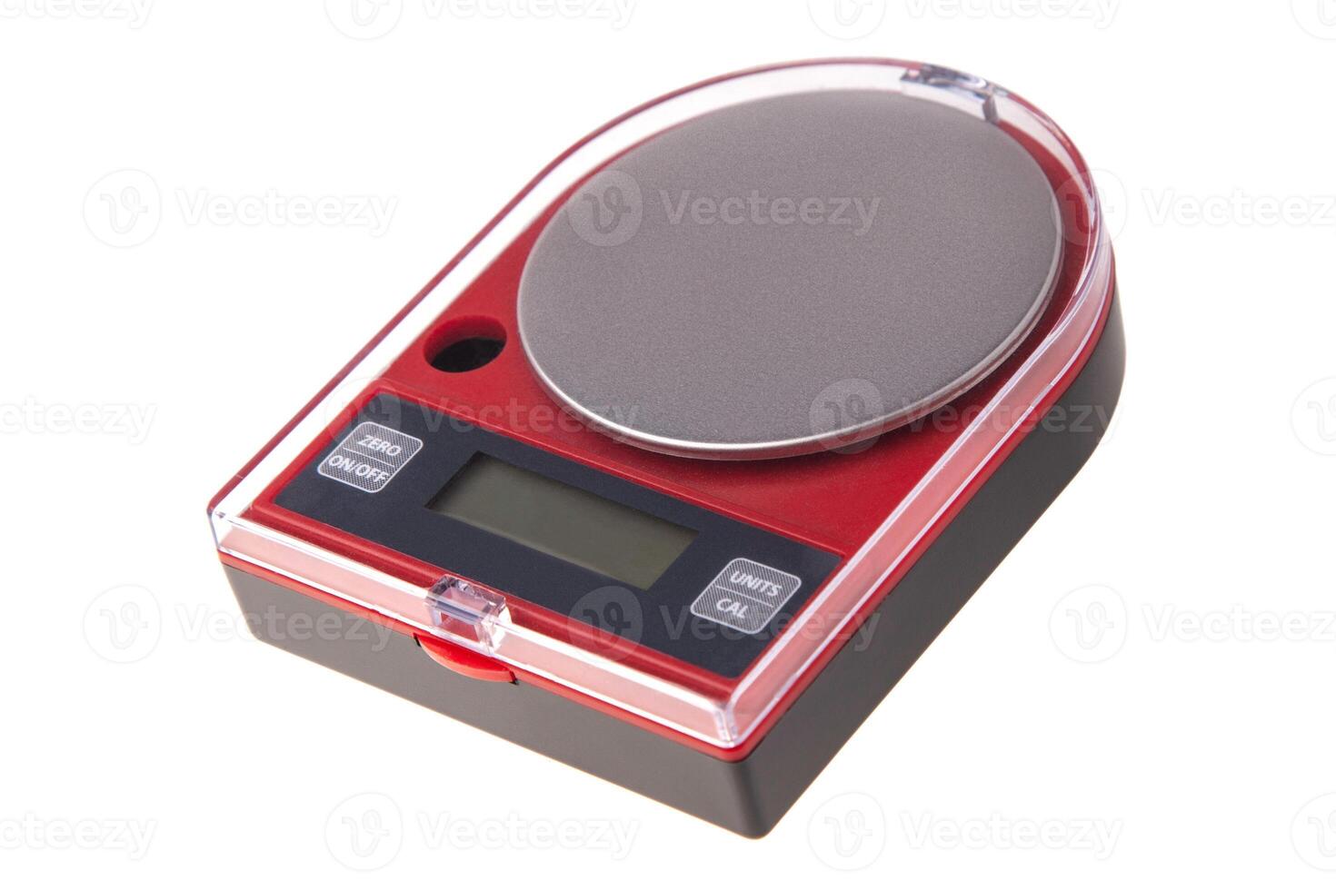 portable red electronic scales isolated on white back photo