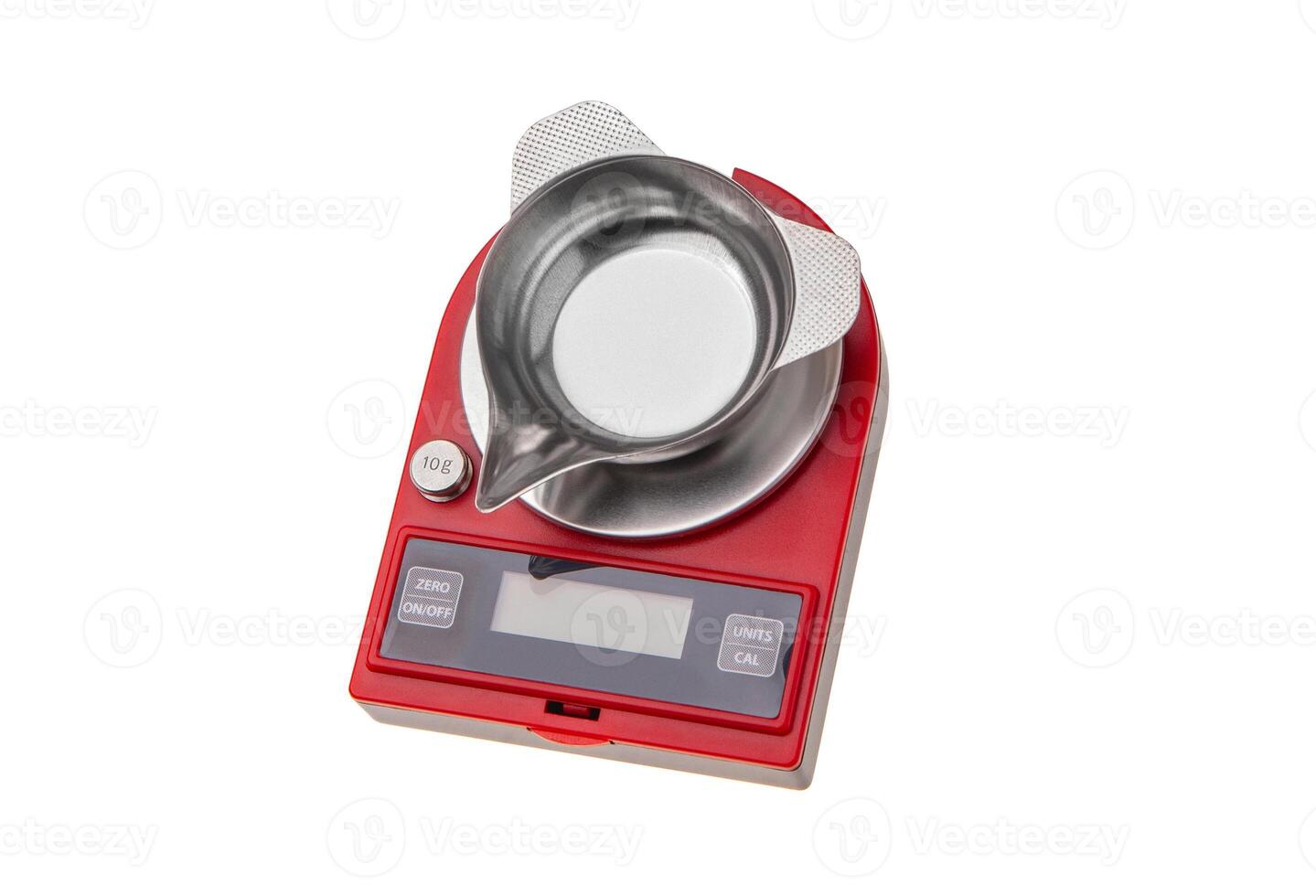 portable red electronic scales isolated on white back photo