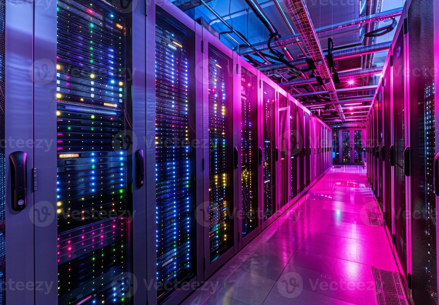 Interior of a cutting-edge data center with rows of servers and blinking lights, emphasizing advanced technology photo