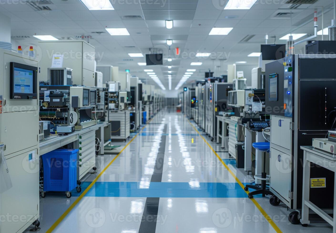 Detailed image of a semiconductor manufacturing cleanroom with sophisticated equipment and meticulously organized workstations photo