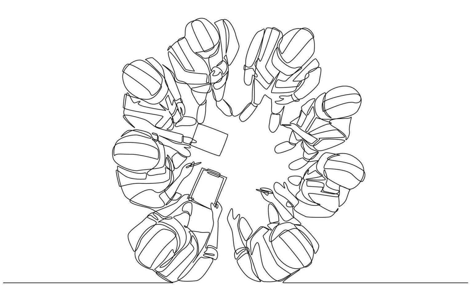 Continuous one line drawing of chief engineer and young engineers meeting at construction site to discuss construction project, engineering team and construction concept, single line art. vector