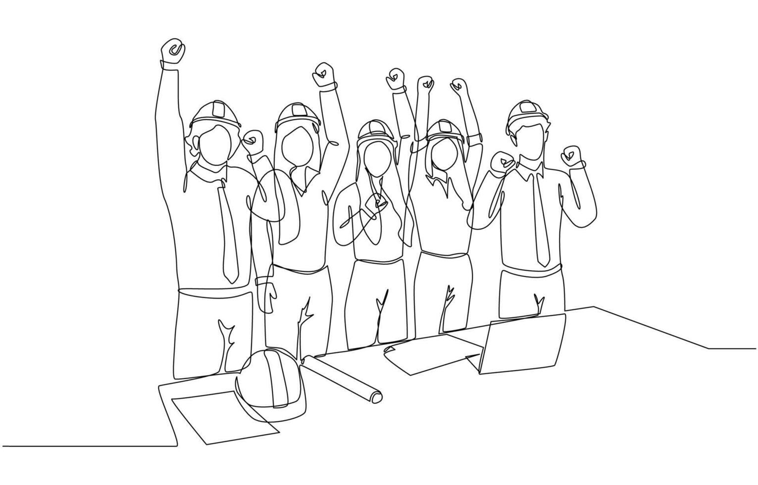 Continuous one line drawing of happy engineers celebrating project completion, celebration of engineering team concept, single line art. vector