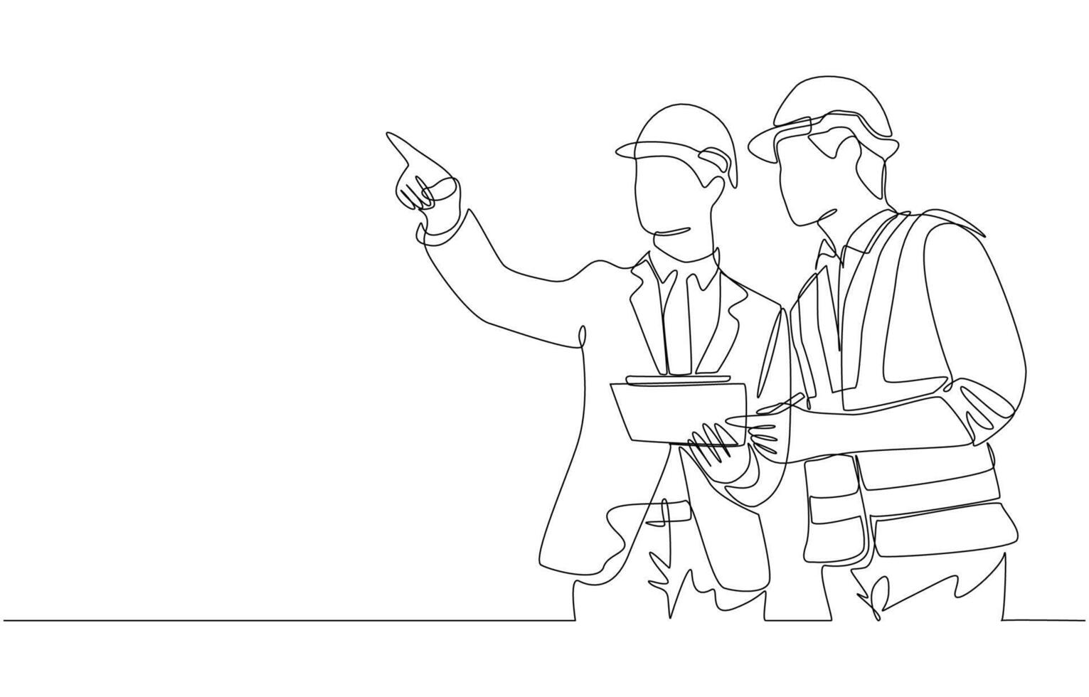 Continuous one line drawing of engineering manager discussing construction design with construction foreman, construction project concept, single line art. vector