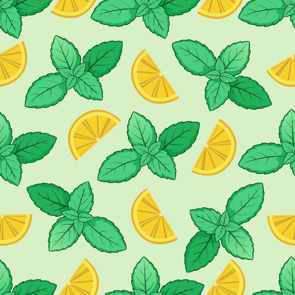 Seamless pattern with hand drawn mint leaves and lemon slices. Cartoon style illustration. vector