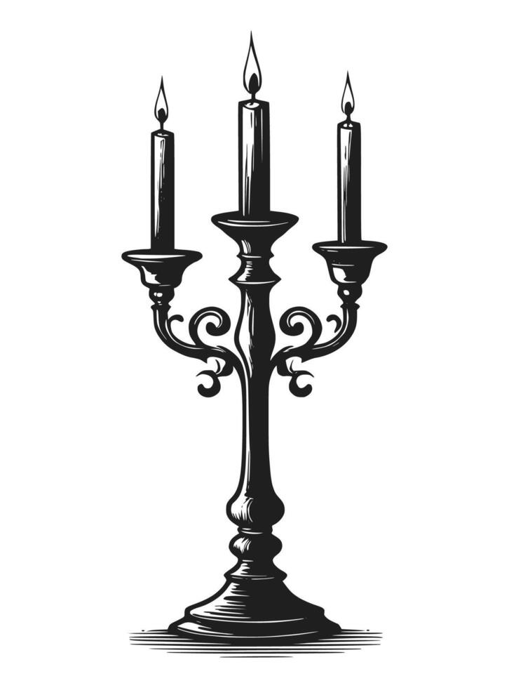 Hand drawn vintage candles in bronze candlestick. Black and white illustration vector