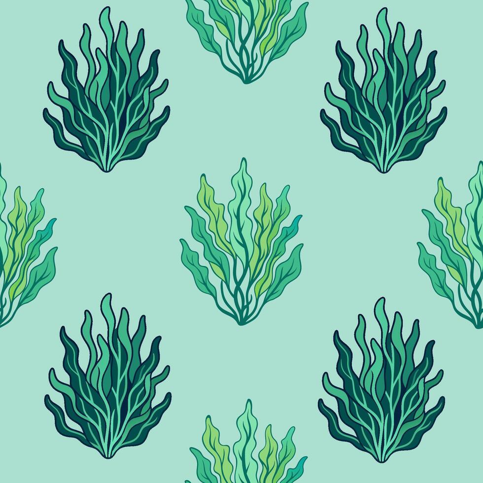 Seamless pattern with hand drawn seaweed. Cartoon style illustration. vector