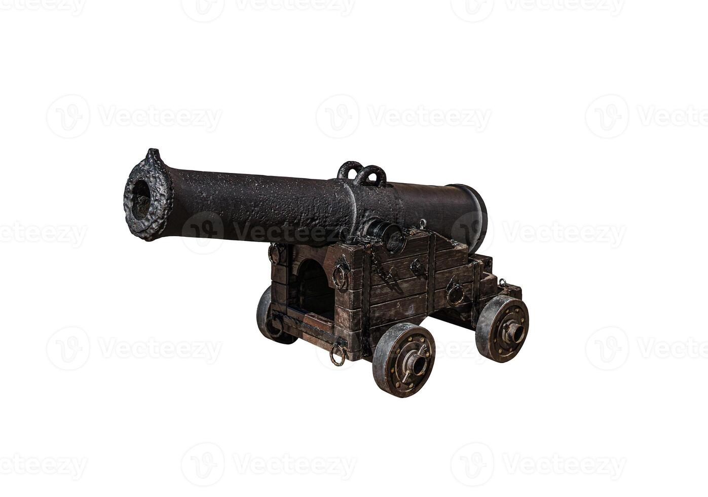Ancient cannon on wheels on white. An ancient artillery piece that was installed on ships or to protect forts. Isolate on a white back photo