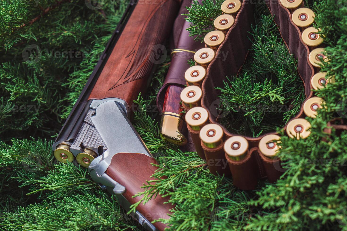 an open hunting rifle with cartridges and a knife in a leather case, lying on the branches of green fir. photo