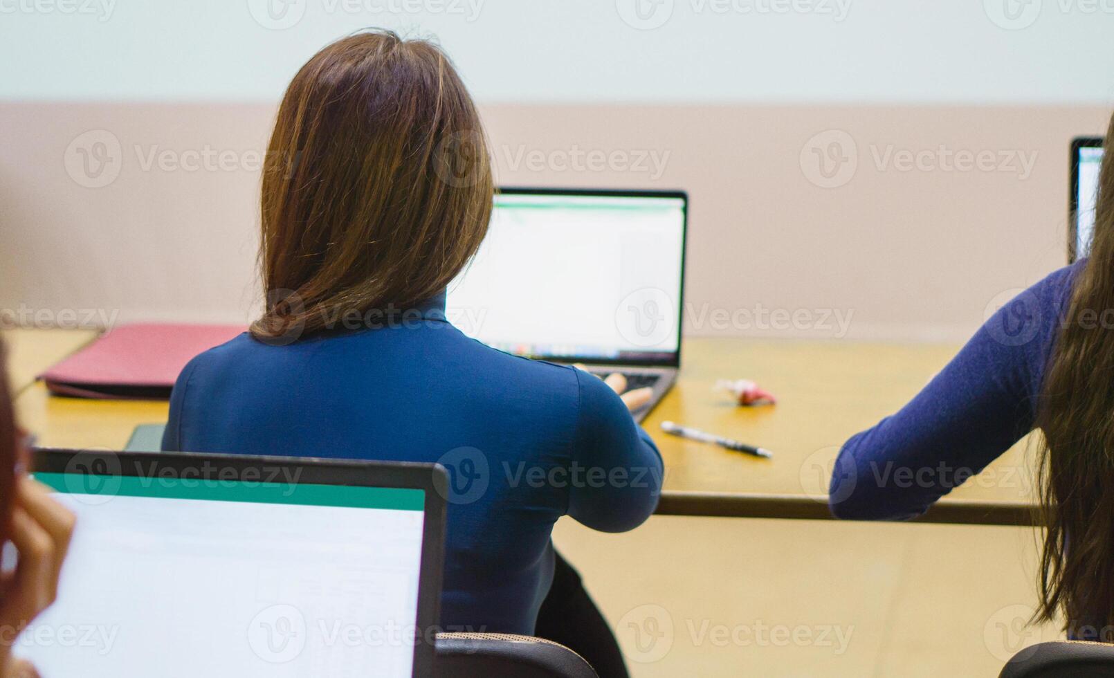 view from the back. girl sitting at a laptop photo
