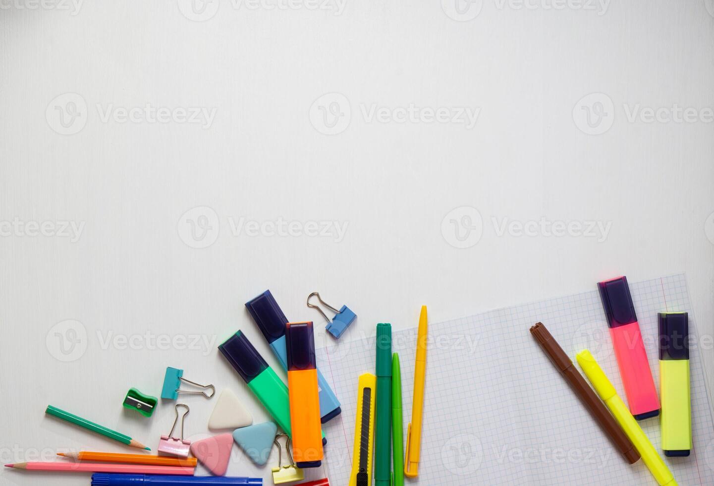 School office supplies on a desk with copy space. Back to school concept. School supplies on background. Back 2 school concept photo