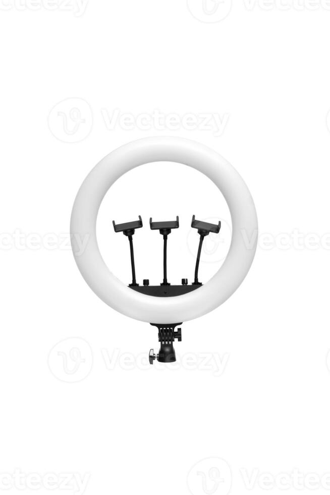 Closeup of circular neon LED lamp isolated white background. Pop photo