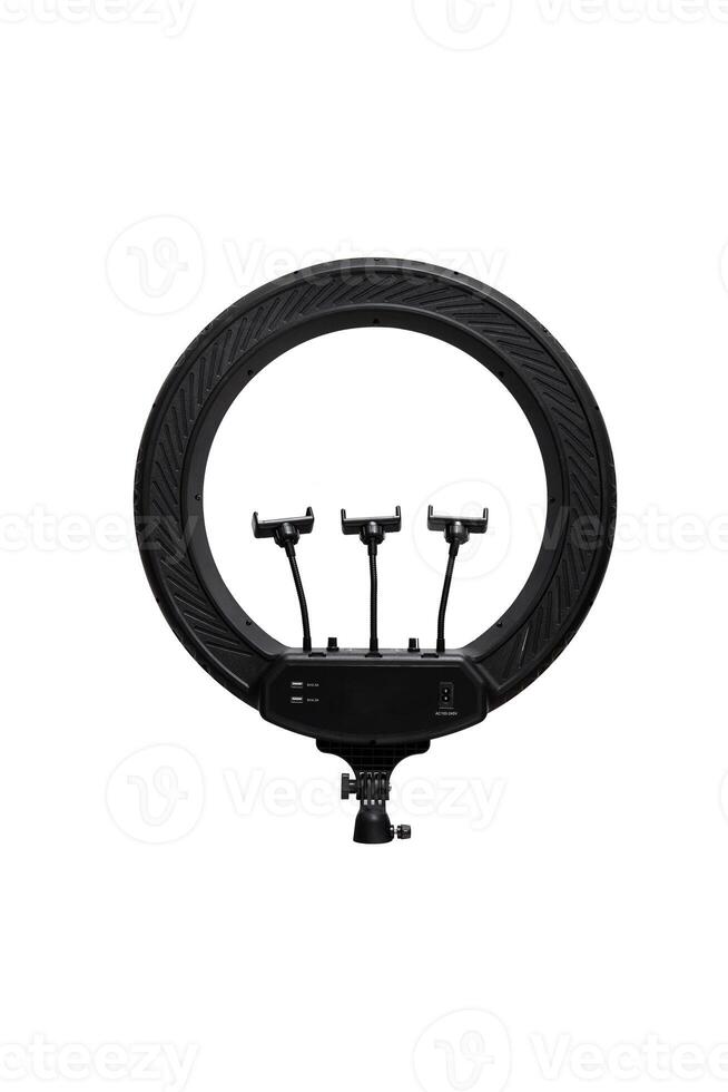 Closeup of circular neon LED lamp isolated white background. Pop photo