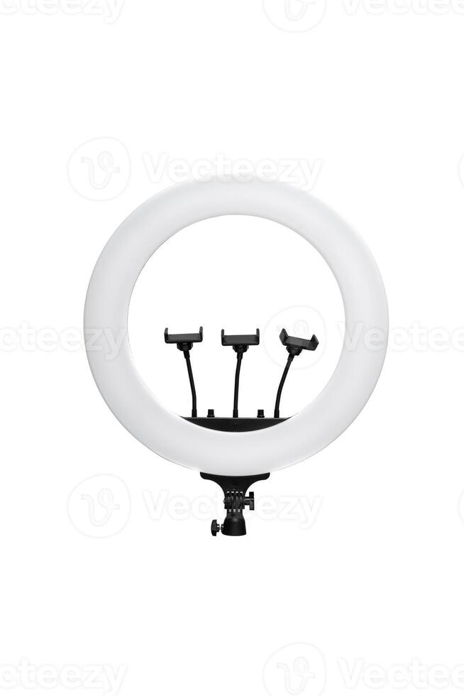 Closeup of circular neon LED lamp isolated white background. Pop photo