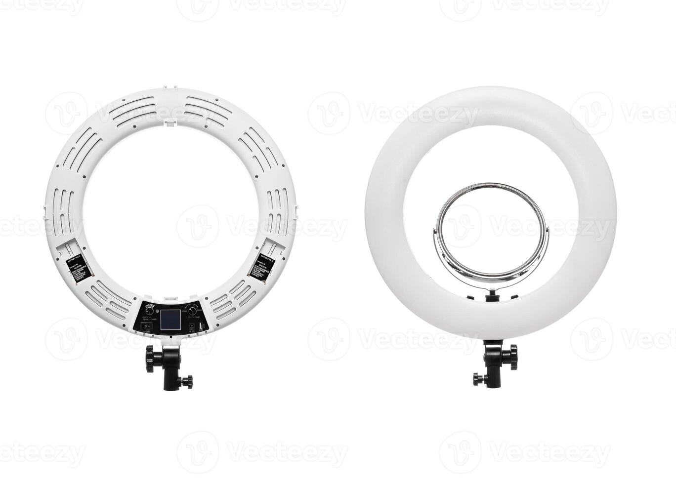 Closeup of circular neon LED lamp isolated white background. Popular modern light for make-up and beauty portraits. photo