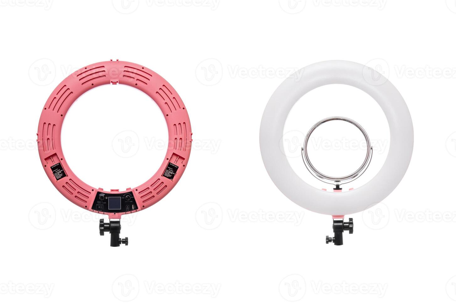 Closeup of circular neon LED lamp isolated white background. Popular modern light for make-up and beauty portraits. photo