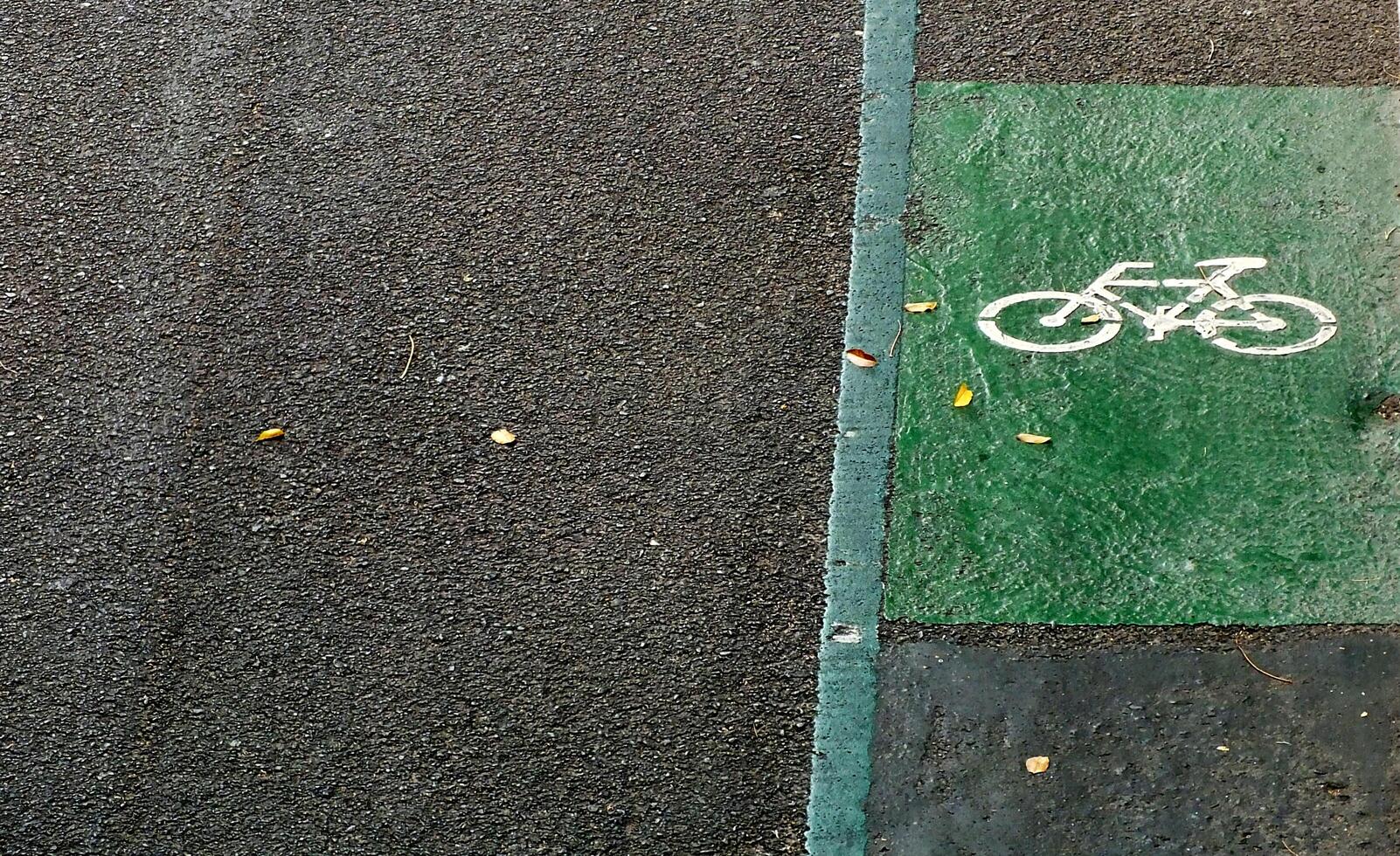 A bike lane is shown on a road with a green stripe. top view. high angle photo