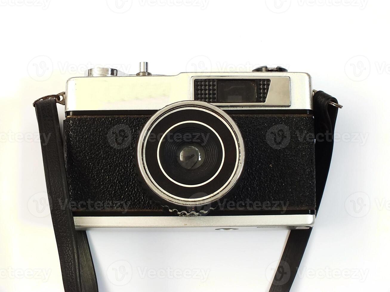 old vintage camera gear on white background. top view, flat lay. Retro vintage concept. Travel and journey design element photo