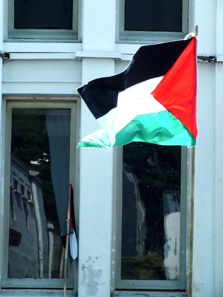 Palestinian National Flag Waving by the wind. Freedom of Palestinian State. photo