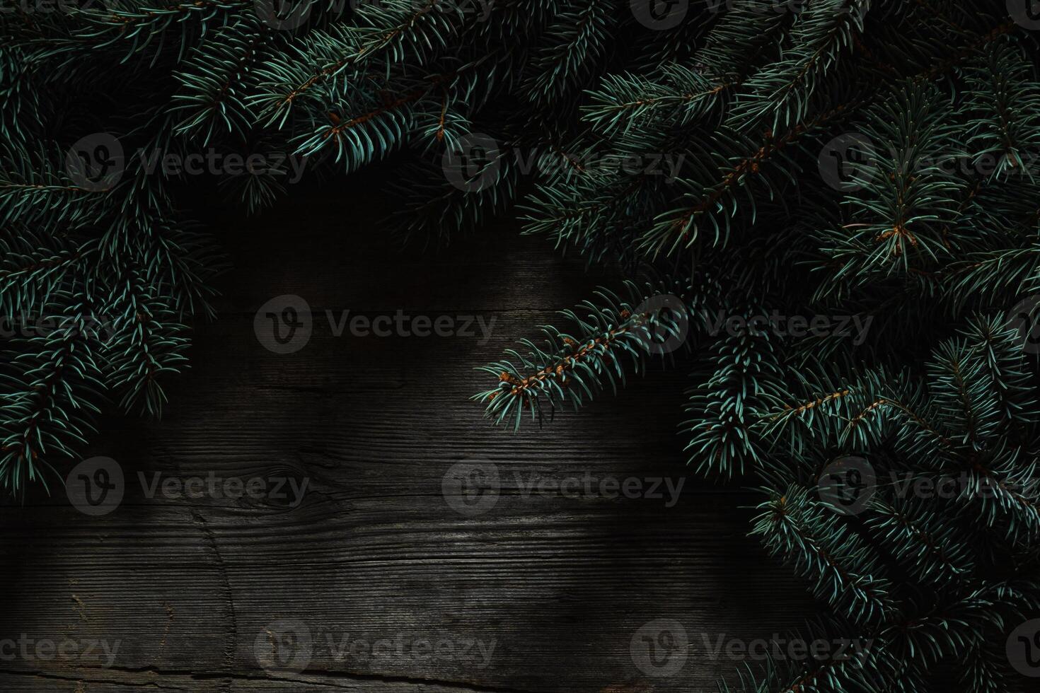 Christmas green frame from fir branches on a vintage gray board back. Frame of fir branches. Christmas card blank. photo