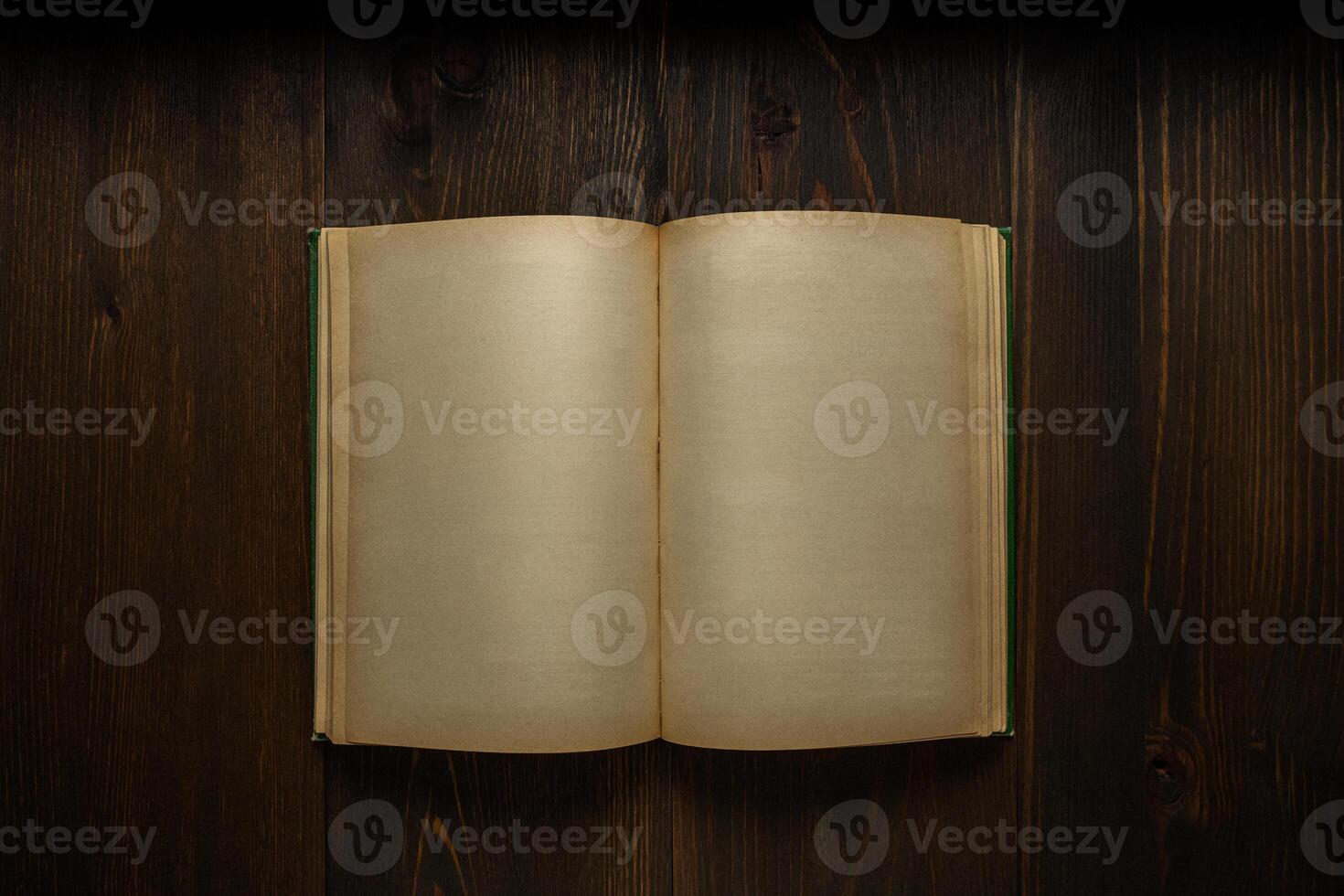 Vintage book, open, on old wooden table, with clipping path. Open Book blank on old wooden background. book with blank pages photo