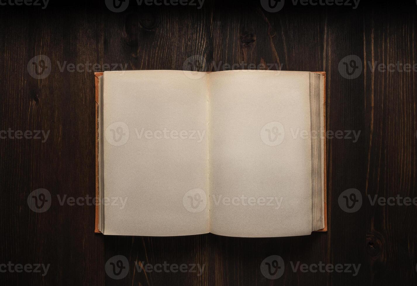 Vintage book, open, on old wooden table, with clipping path. Open Book blank on old wooden background. book with blank pages photo