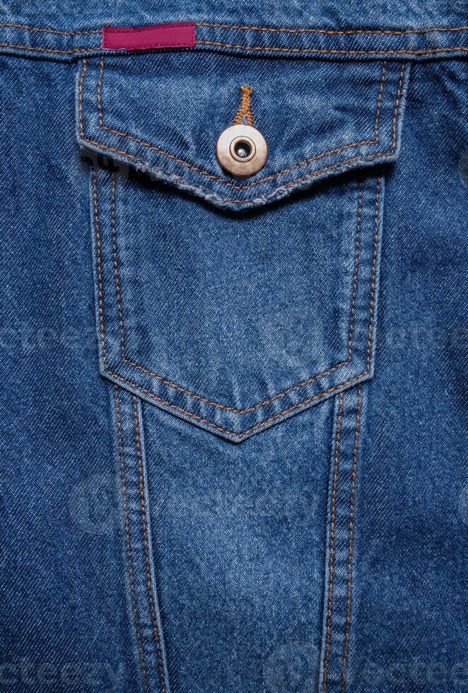 Blue denim texture. Closeup of denim jacket elements. Background for banner, poster or adrift. photo