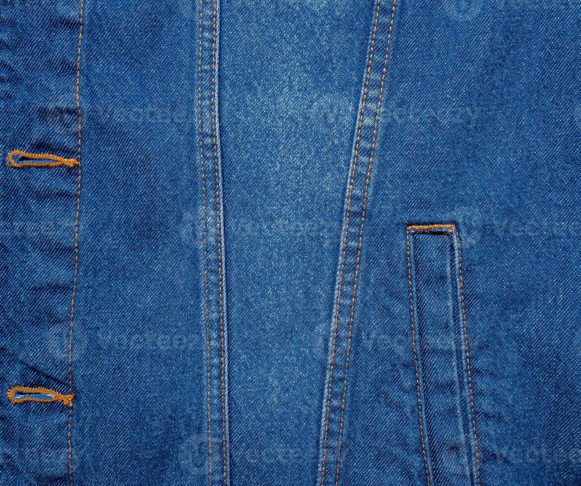 Blue denim texture. Closeup of denim jacket elements. Background for banner, poster or adrift. photo