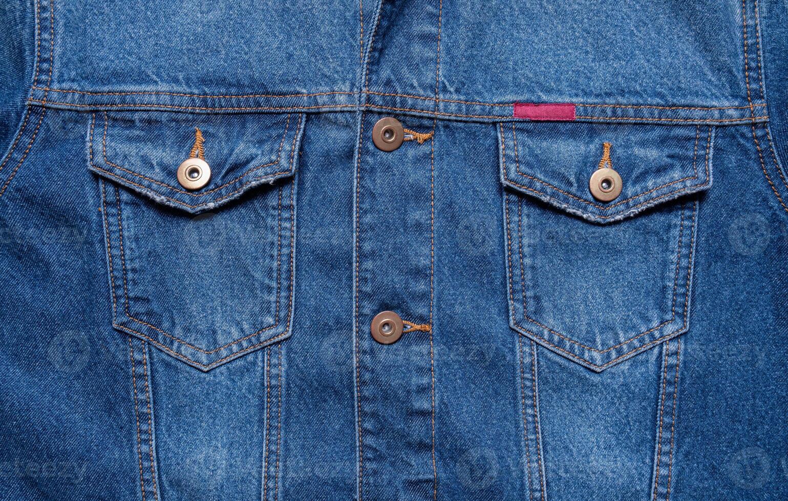 Blue denim texture. Closeup of denim jacket elements. Background for banner, poster or adrift. photo