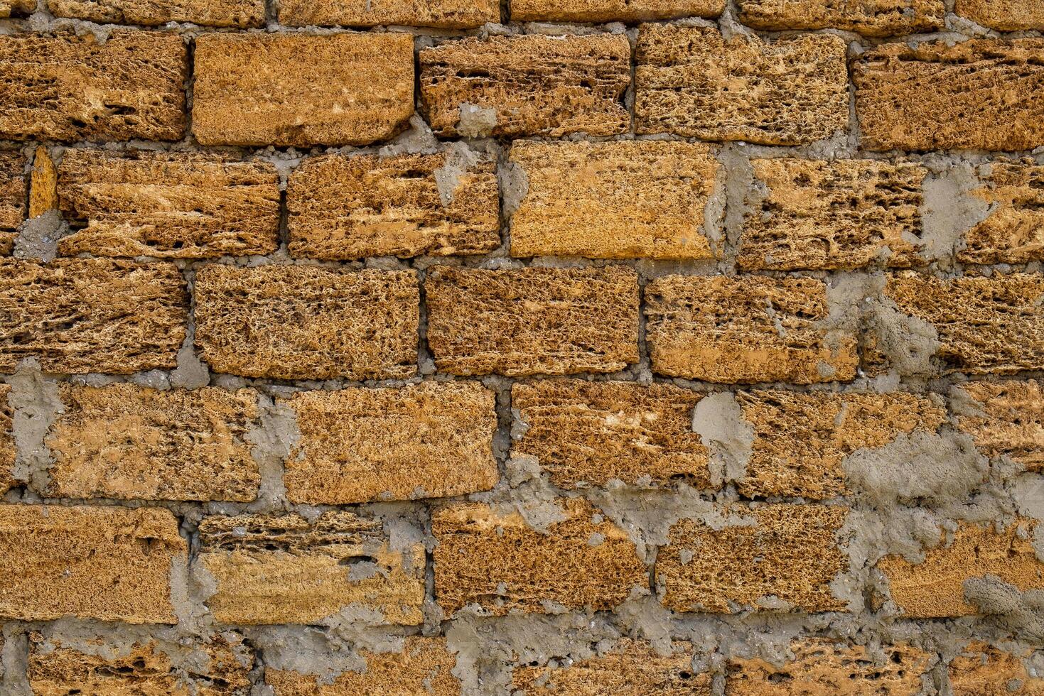 Brick wall of yellow shell rock. Closeup of shellstone texture. Background wall with shell rock. Old wall. Texture limestone photo