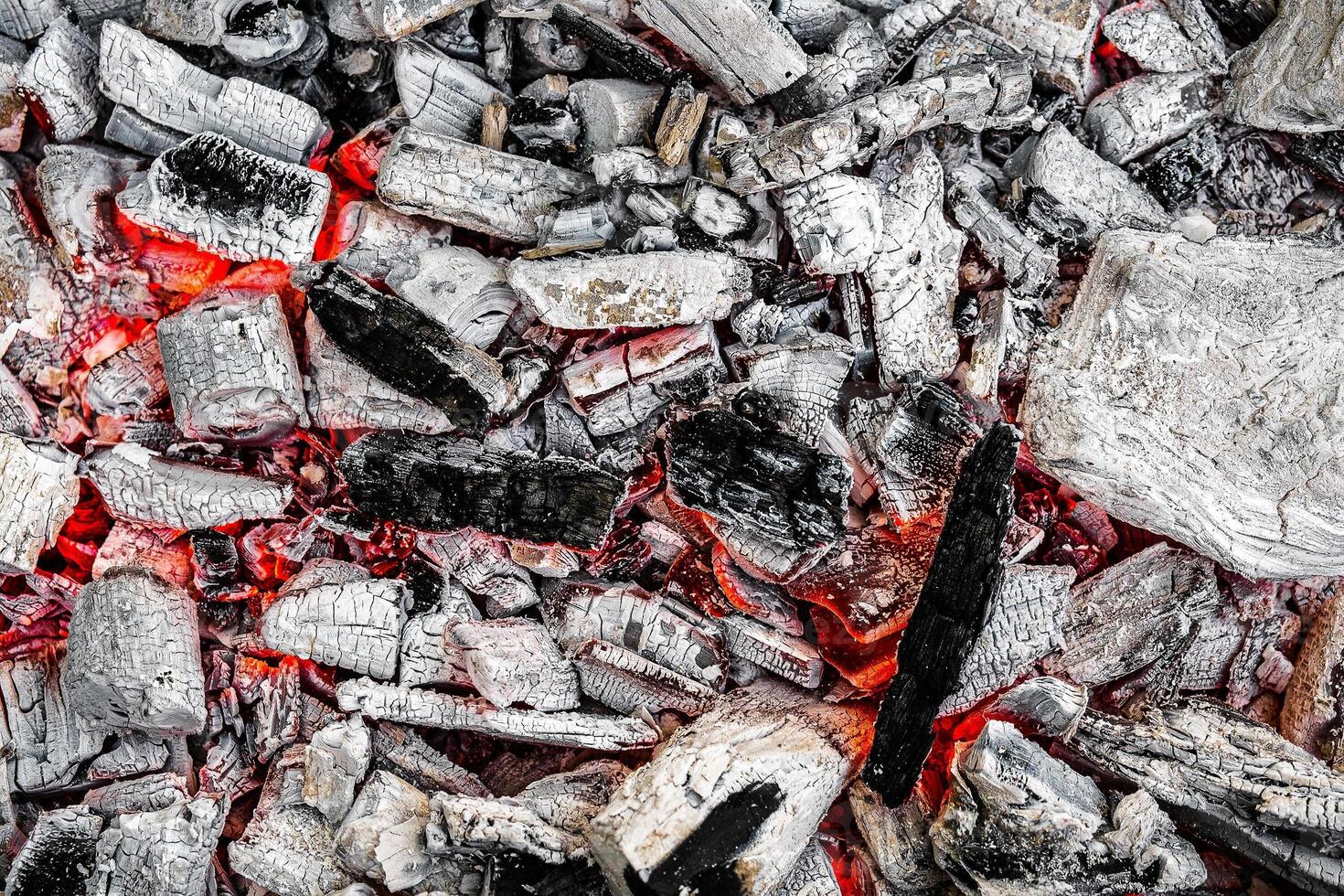 The texture of burning firewood and charcoal with the remnants of the heat. Ash after the fire. Light back. photo