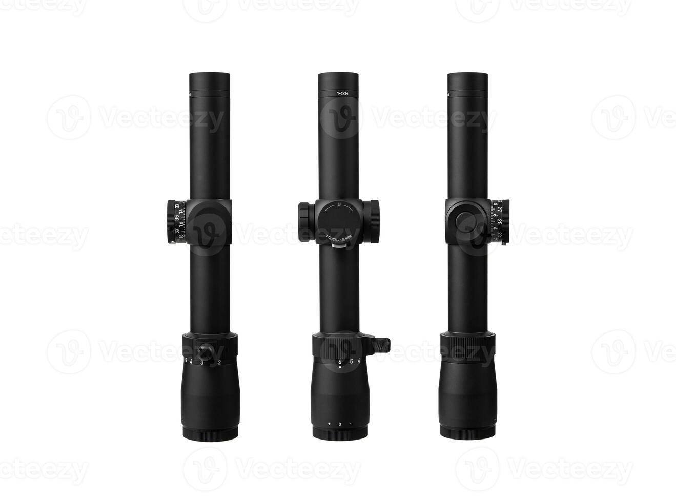 Modern sniper scope on a white back. Optical device for aiming and shooting at long distances. photo