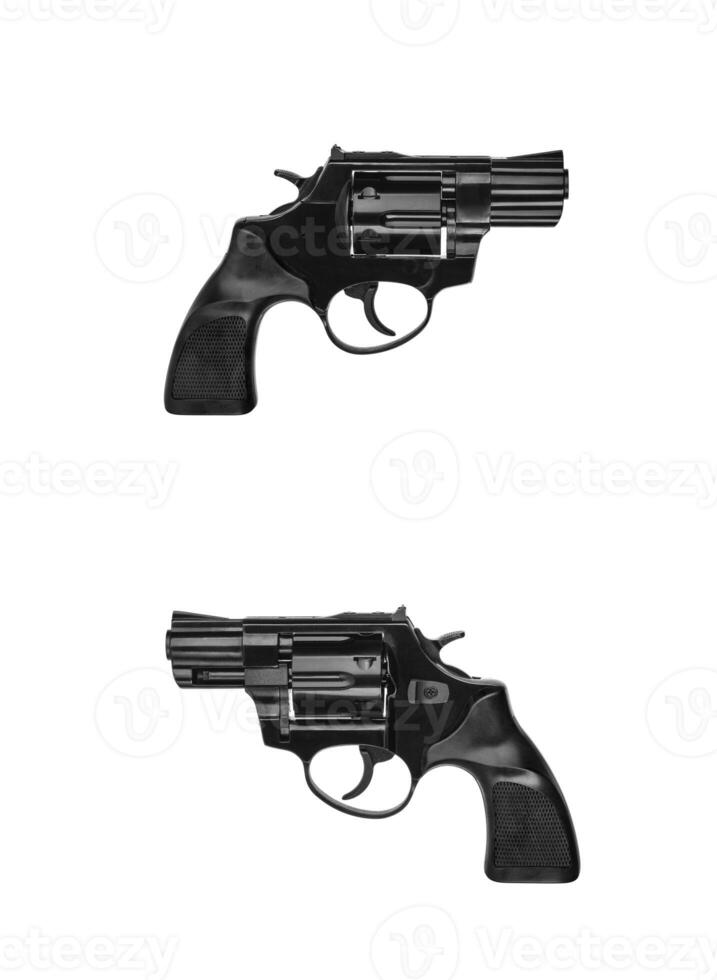 Small black gun revolver isolate on white background. Pocket pistol for self-defense. Ladies' revolver. Spy Weapon. photo