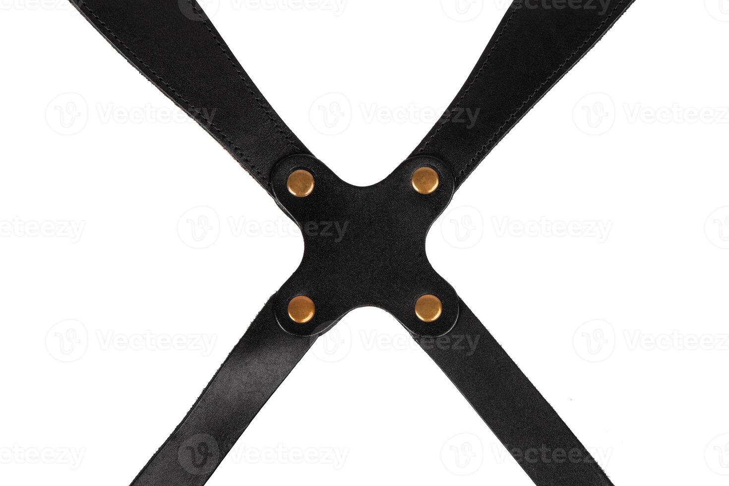 Pistol black leather holster with shoulder straps isolate on white back. Weapon accessory. Part of the uniform of the police or guarding. photo