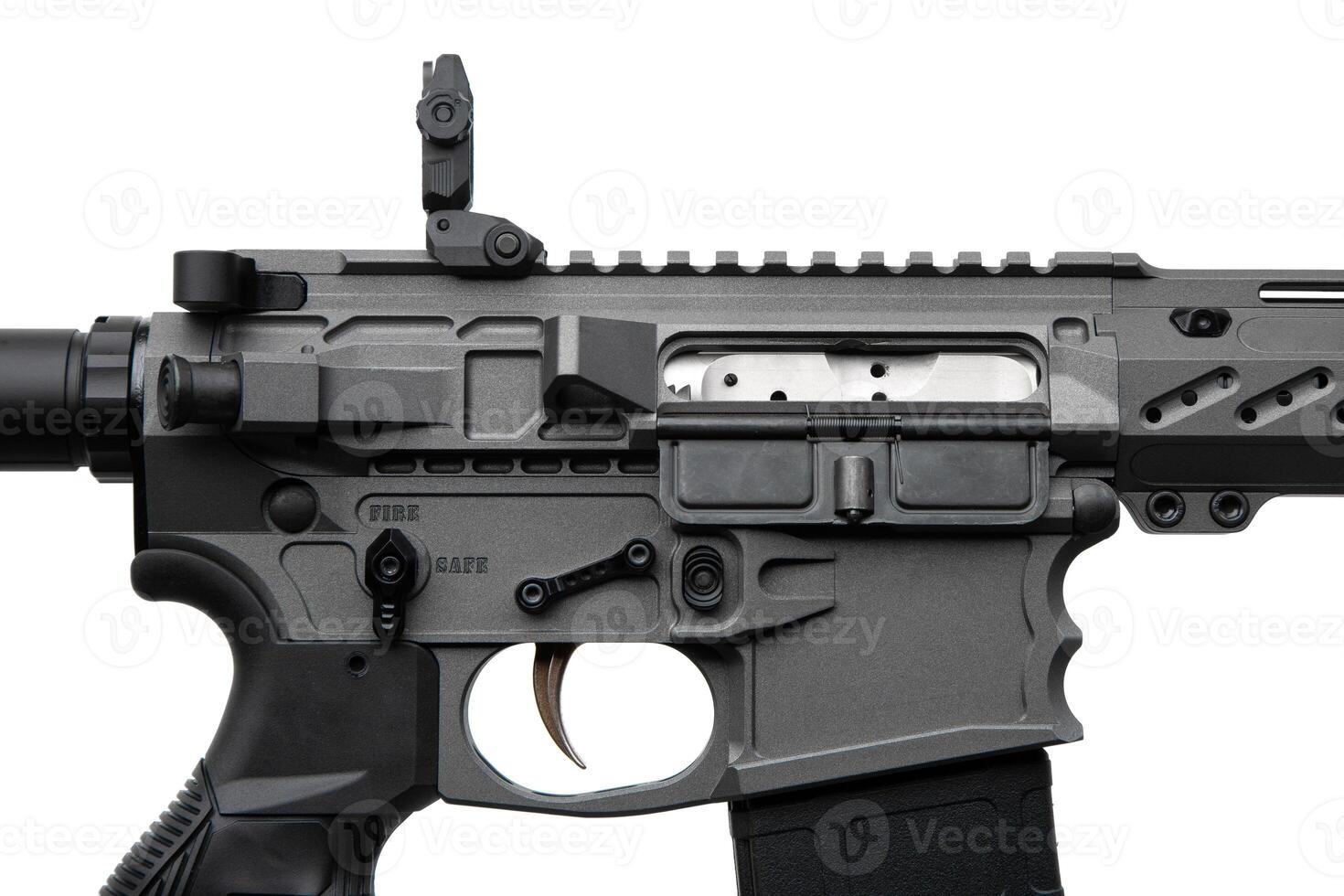Close-up of a modern automatic carbine with mechanical sights. Weapons for sports and self-defense. Armament of special forces and the army. Isolate on a white back. photo