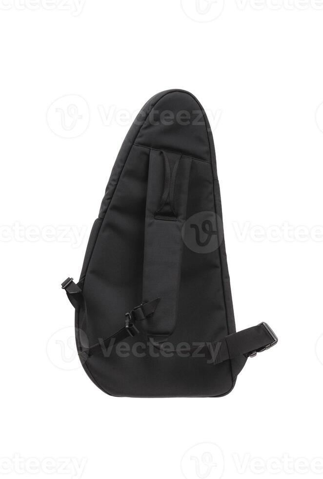 Small backpack with one shoulder strap. Black shoulder bag isolate on a white back. photo