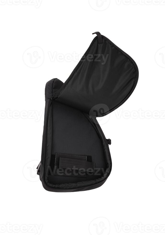 Small backpack with one shoulder strap. Black shoulder bag isolate on a white back. photo