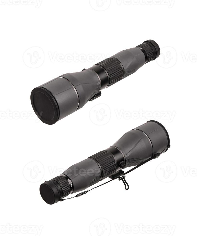 Modern spyglass. Long-range observation device. Monocular isolate on a white back photo