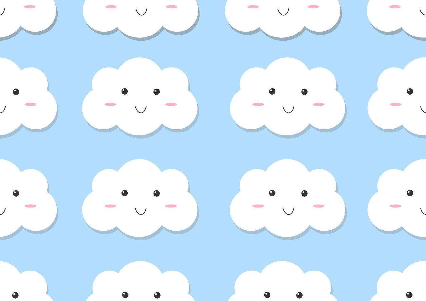 White smile cute cloud seamless patterns on a light blue background. For cards, frames, posters, book covers, textiles, wallpaper, wrapping and fabric. vector