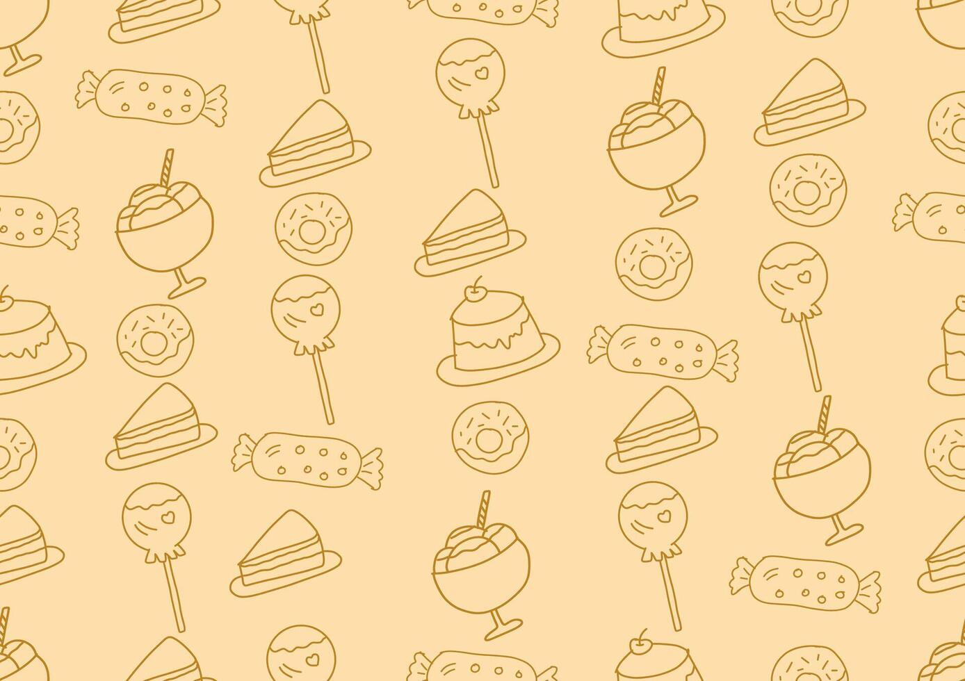 Bakery and pasty dessert seamless pattern. Bakery doodle art on a light yellow background. For cards, frames, posters, book covers, textiles, wallpaper, wrapping and fabric. vector