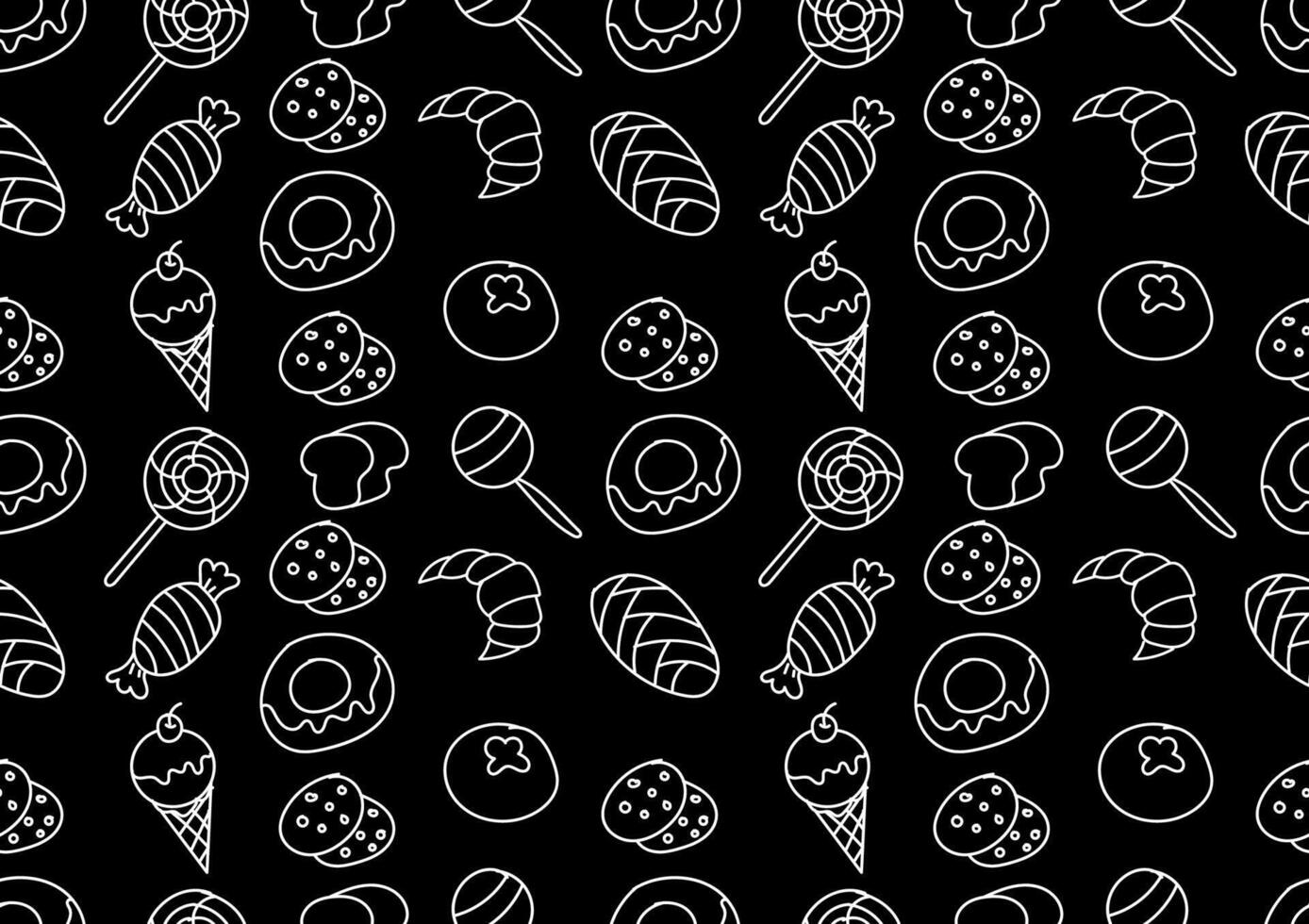 Bakery and pasty dessert seamless pattern. Bakery doodle art on a black background. For cards, frames, posters, book covers, textiles, wallpaper, wrapping and fabric. vector