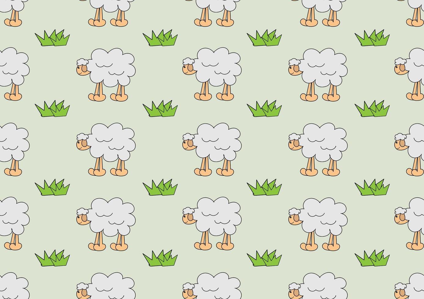 Cute sheep and grass doodle art seamless pattern on a green background. For cards, frames, posters, book covers, textiles, wallpaper, wrapping and fabric. vector