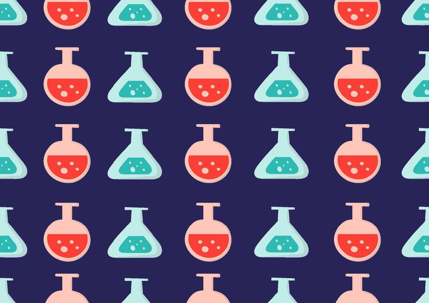 Red and green lab bottles or science seamless patterns on a navy blue background. For cards, frames, posters, book covers, textiles, wallpaper, wrapping and fabric. vector