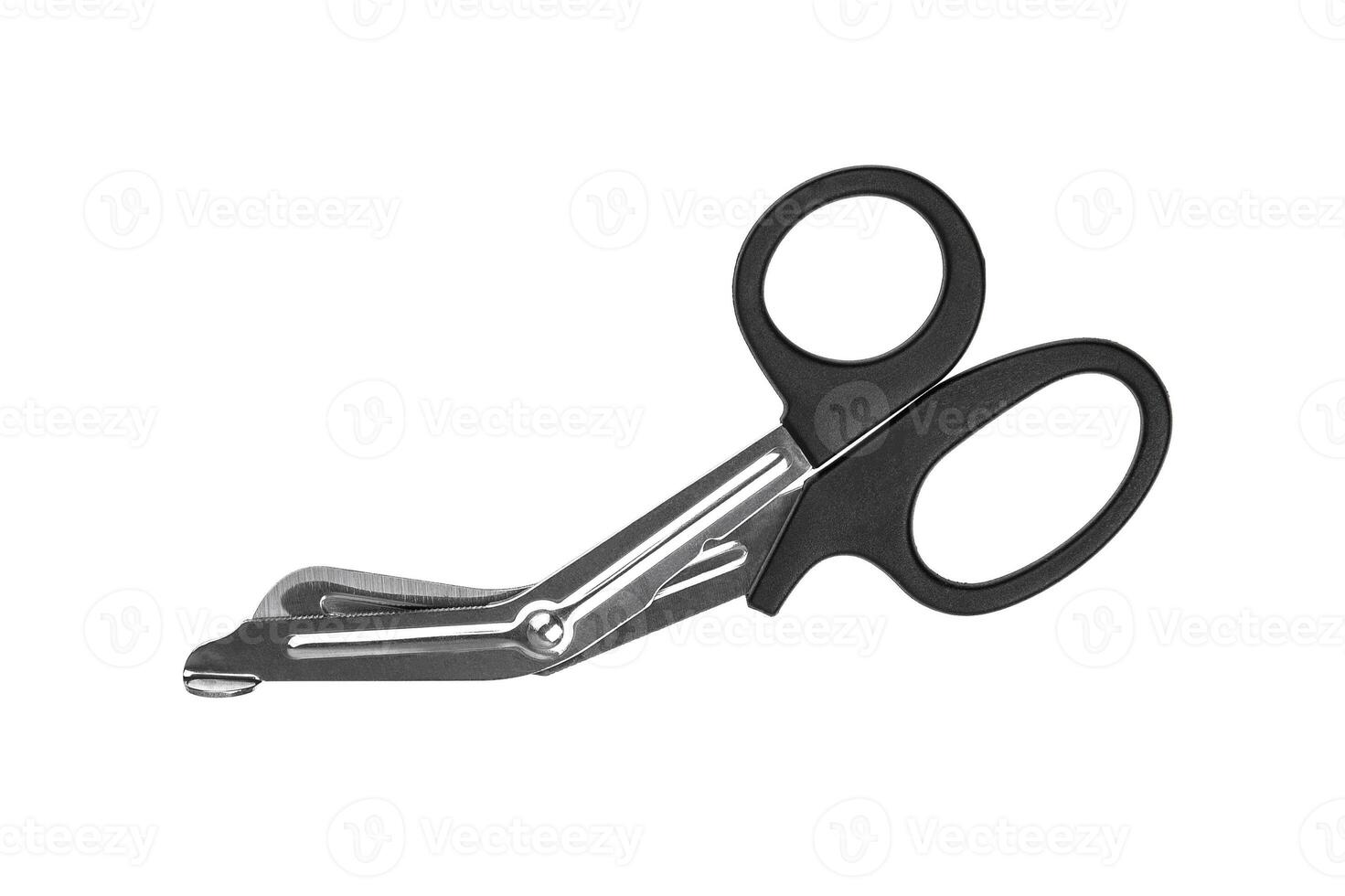 Medical scissors with black plastic handles isolate on a white background. photo