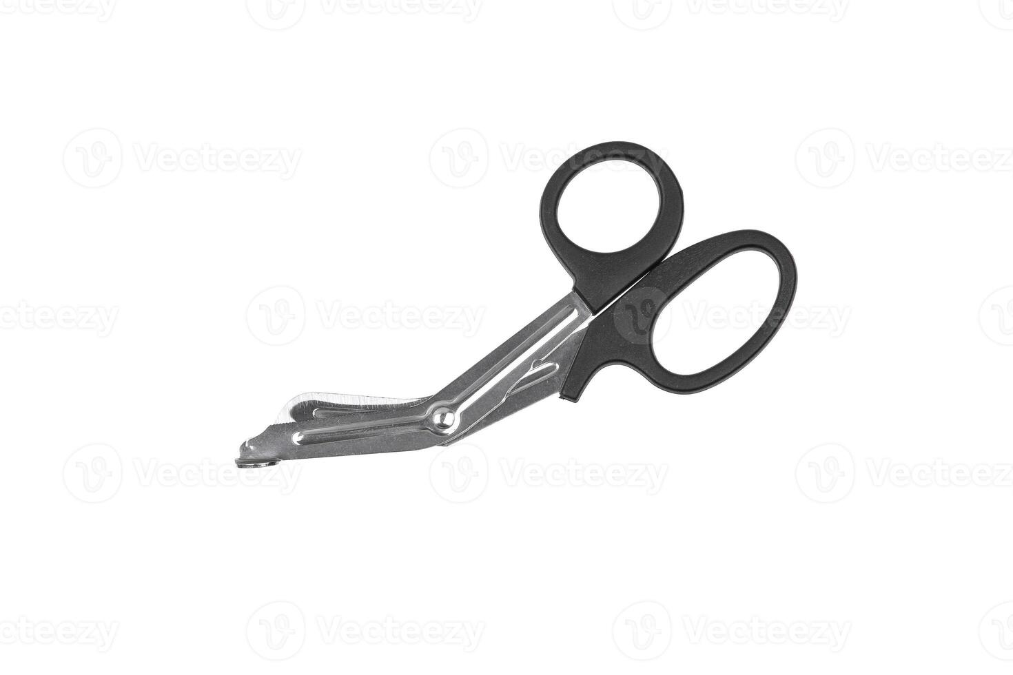 Medical metal scissors with black plastic handles. Paramedic tool. Isolate on a white back. photo
