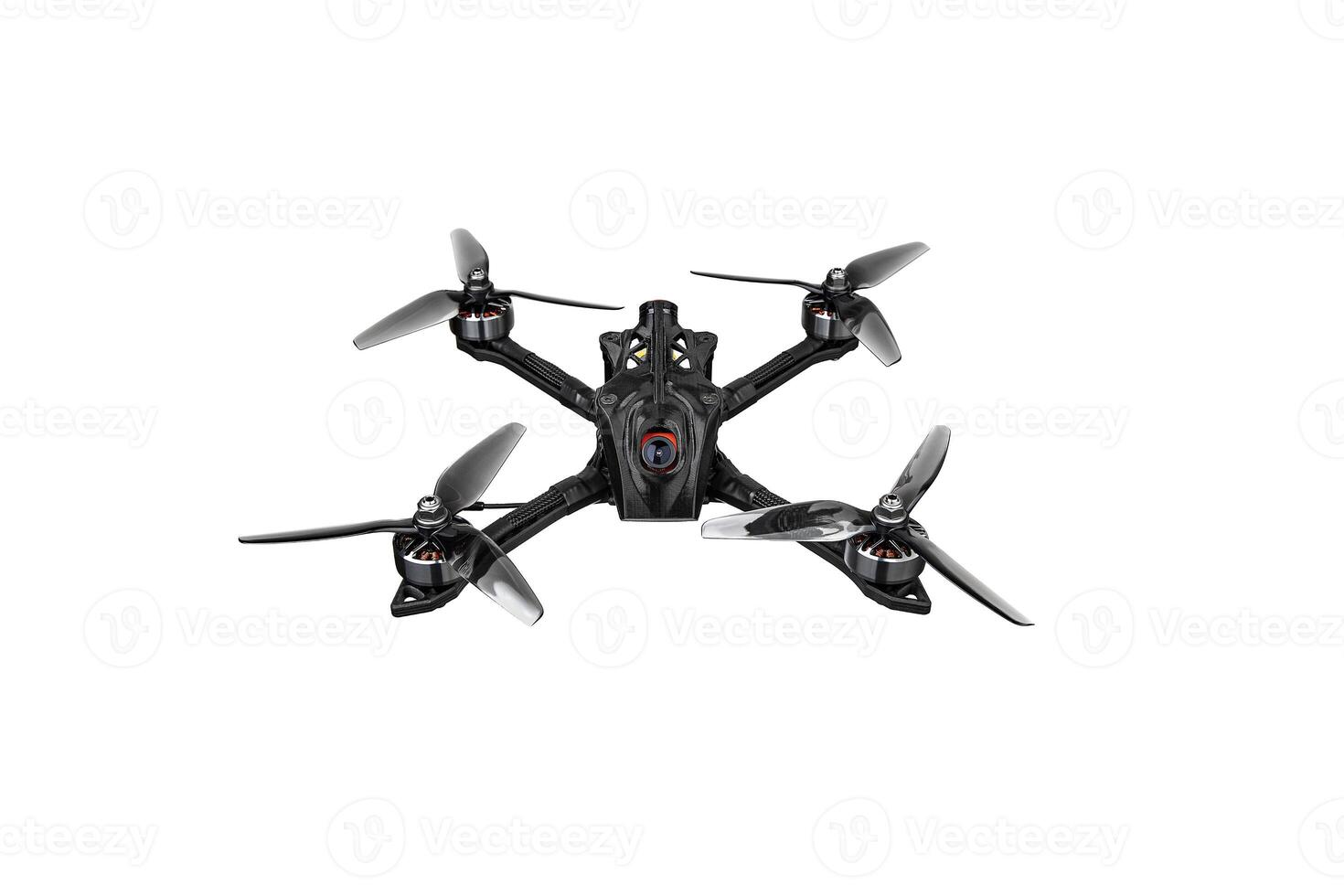 Modern FPV drone on a white background. Four-engine aircraft on the radio control. Drone for racing, filming and entertainment. photo