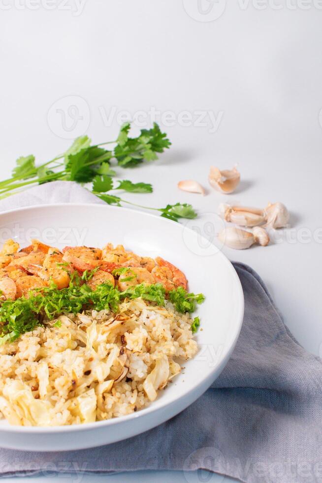 Fried Shrimp with Butter Rice and Cauliflower photo
