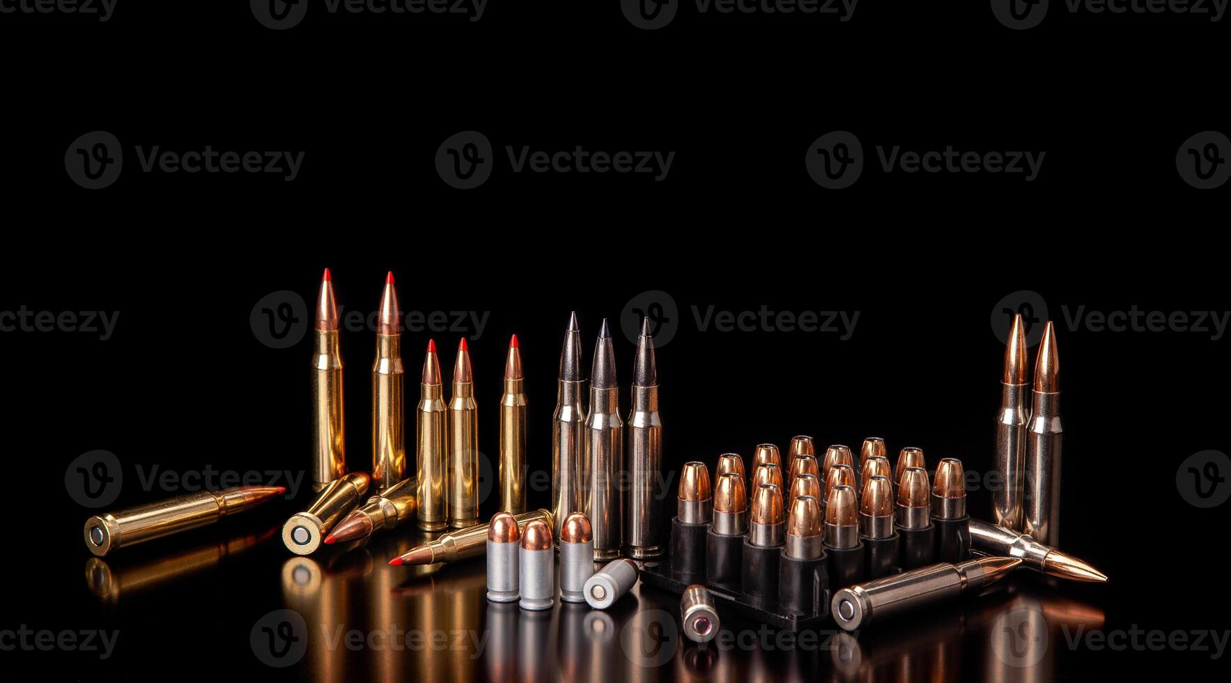 Bullet isolated on black background with reflexion. Rifle bullets close-up on black back. Cartridges for rifle and carbine on a black. photo