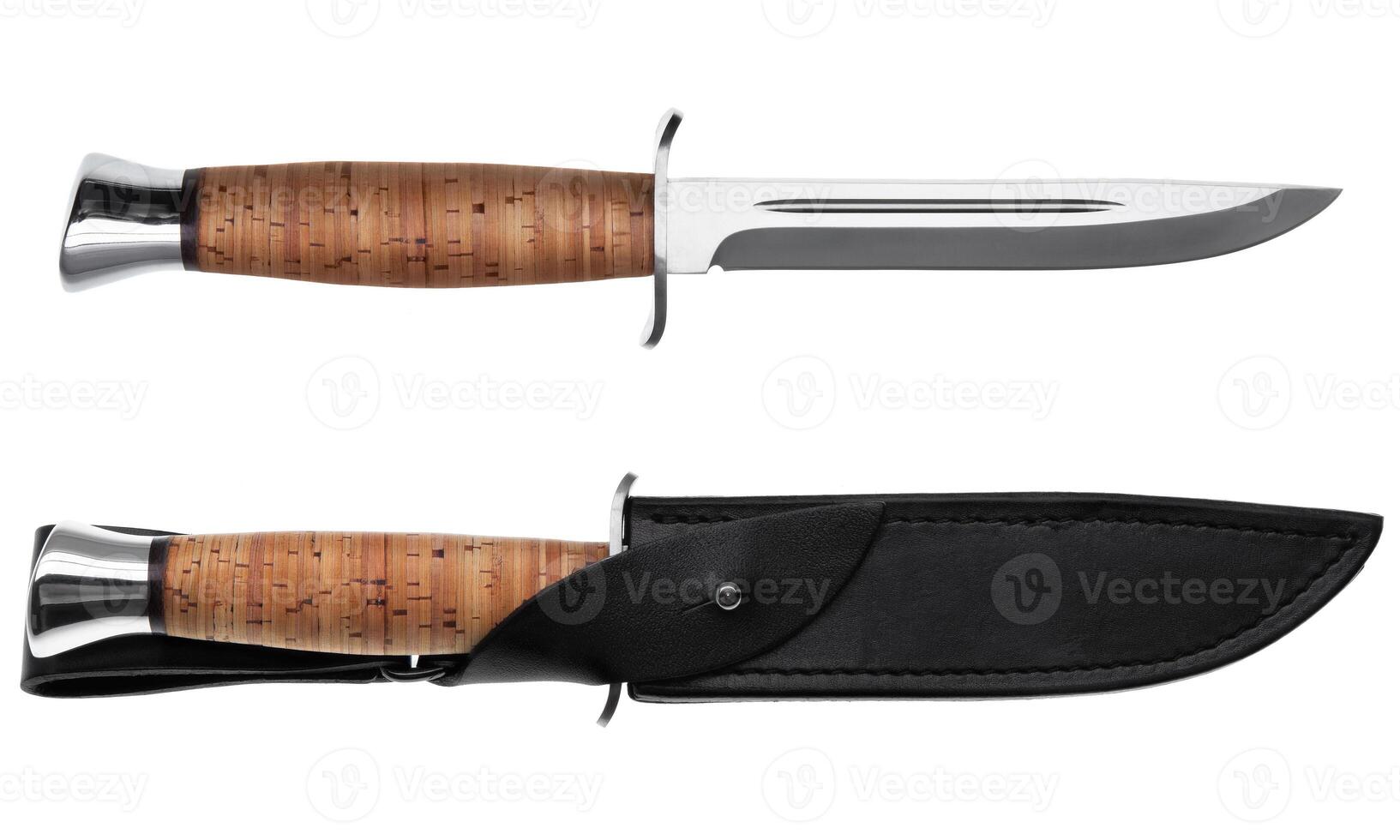 Hunting knife with wooden handle and leather case isolated on white photo